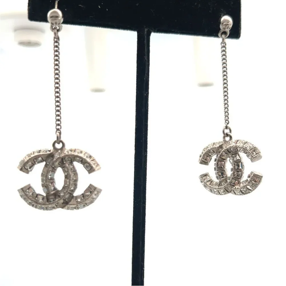 CHANEL Baguette Crystal CC Drop Earrings Silver